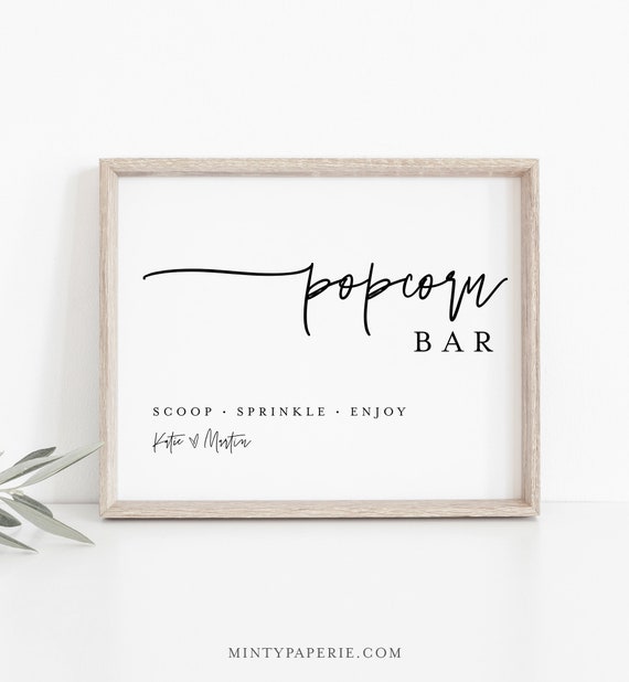 Popcorn Bar Sign, Popcorn Station, Minimalist Wedding / Bridal / Baby Shower, Editable Template, Instant Download, Templett  #0009-33S