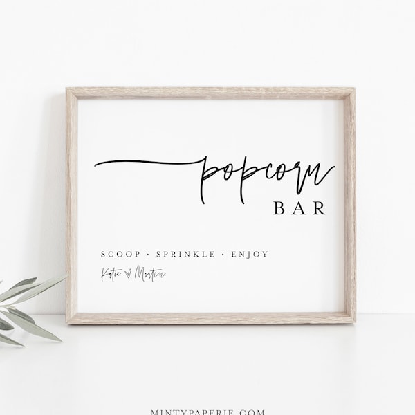 Popcorn Bar Sign, Popcorn Station, Minimalist Wedding / Bridal / Baby Shower, Editable Template, Instant Download, Templett  #0009-33S