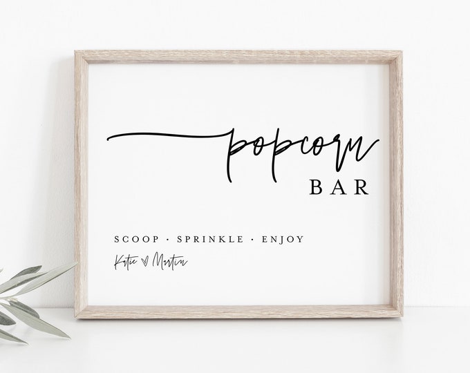 Popcorn Bar Sign, Popcorn Station, Minimalist Wedding / Bridal / Baby Shower, Editable Template, Instant Download, Templett  #0009-33S