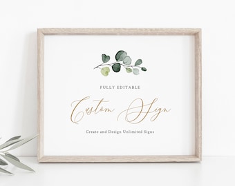 Greenery and Gold Custom Sign Template, Wedding or Bridal Shower Table Sign, Create Unlimited Signs, INSTANT DOWNLOAD, Templett #007-174CS