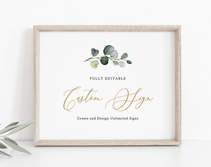 Greenery and Gold Custom Sign Template, Wedding or Bridal Shower Table Sign, Create Unlimited Signs, INSTANT DOWNLOAD, Templett #007-174CS