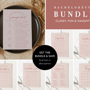 May include: A printable bachelorette party game bundle in pink and white. The bundle includes games such as "Dirty Minds", "Dirty Little Secrets", "Dirty Sentences", "Bachelorette Bingo", "Dirty Drink", and "Bachelorette Scavenger Hunt".