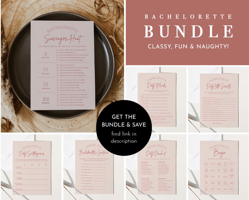 May include: A printable bachelorette party game bundle in pink and white. The bundle includes games such as "Dirty Minds", "Dirty Little Secrets", "Dirty Sentences", "Bachelorette Bingo", "Dirty Drink", and "Bachelorette Scavenger Hunt".