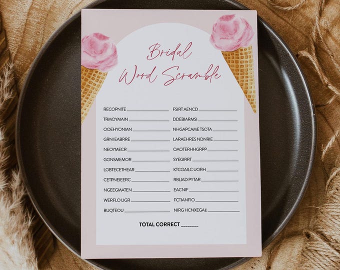 Word Scramble Bridal Shower Game Template, Printable Ice Cream Bridal Shower Puzzle, Instant Download, Templett #0035-21BRG