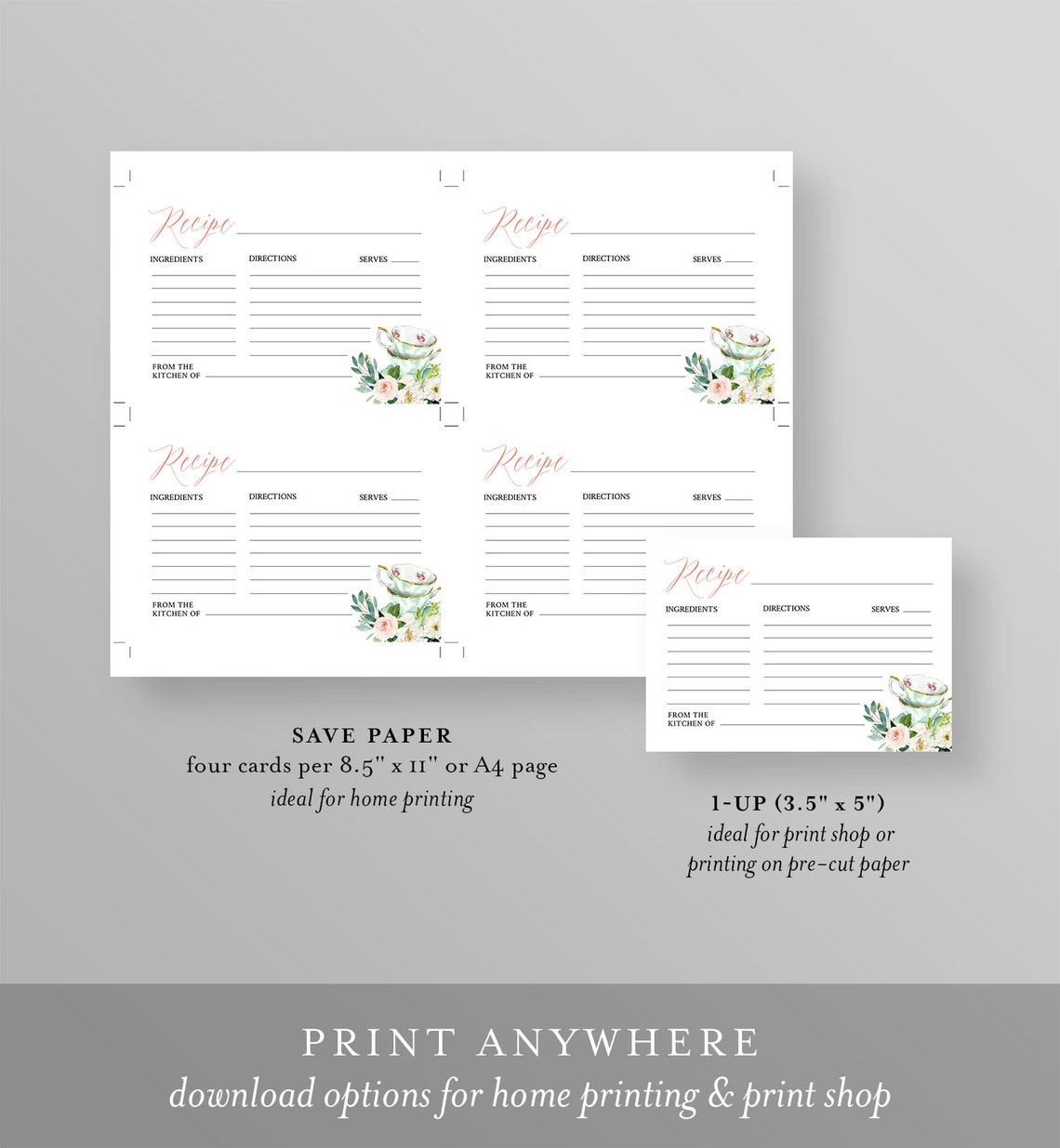 Tea Party Recipe Card Printable Printable Bridal Shower - Etsy