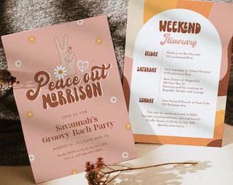 Groovy Bachelorette Invitation & Itinerary Timeline, Peace Out, Retro, 70s, Hippie, Editable Template, Instant Download, Templett #051-145BP