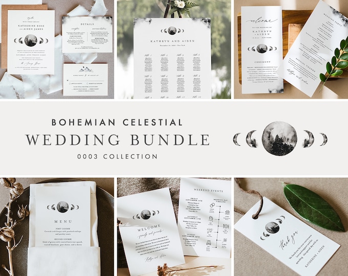 Celestial Wedding Bundle, Day Of Wedding Templates, Bohemian Full Moon Invitation Set, Editable, Instant Download, Templett  #0003-BUNDLE
