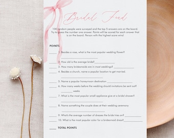 Bridal Family Feud Game, Wedding Feud, Coquette Bow Pink Ribbon Bridal Shower Game, Editable Template, Instant Download, Templett 0057-28BRG