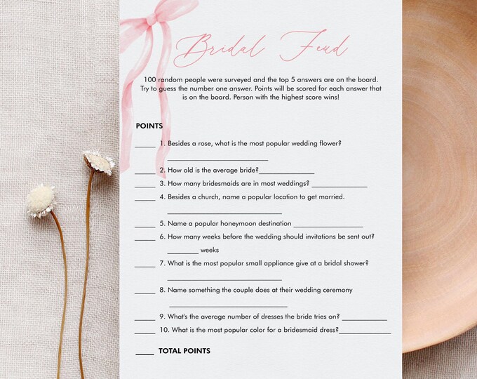 Bridal Family Feud Game, Wedding Feud, Coquette Bow Pink Ribbon Bridal Shower Game, Editable Template, Instant Download, Templett 0057-28BRG