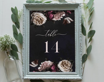 Wedding Table Number Template, Printable Moody Cream & Burgundy Floral Table Card, INSTANT DOWNLOAD, Editable Text, Templett, DIY #009-139TC