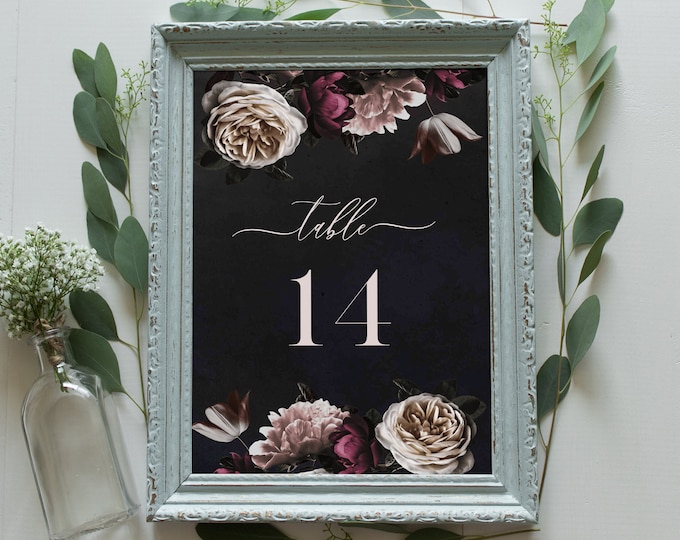 Wedding Table Number Template, Printable Moody Cream & Burgundy Floral Table Card, INSTANT DOWNLOAD, Editable Text, Templett, DIY #009-139TC