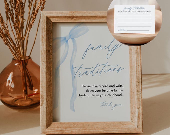 Baby Family Traditions Sign & Card, Coquette Bow Boy Baby Shower, Blue Ribbon Share a Childhood Memory, Editable, Templett #0057-46BAG