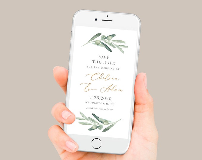 Olive Greenery Save the Date, Electronic Invitation, Evite, Digital, Text Invite, INSTANT DOWNLOAD, 100% Editable Text, Templett #081-102SDD