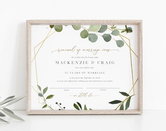 Renewal of Marriage Vows Certificate, Greenery Vow Renewal Certificate, Wedding Keepsake, Editable Text, Instant Download, 8x10 #056-101RVC