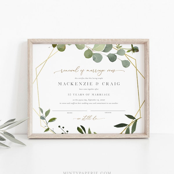 Renewal of Marriage Vows Certificate, Greenery Vow Renewal Certificate, Wedding Keepsake, Editable Text, Instant Download, 8x10 #056-101RVC