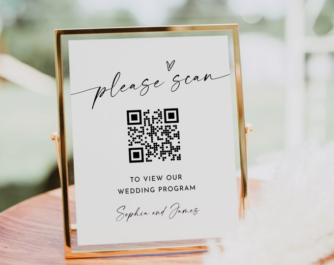 QR Code Wedding Program, Scan QR Code for Order of Service, Minimalist Sign, Editable Template, Instant Download, Templett, 8x10 #0034W-67S