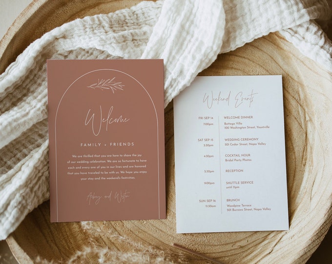 Bohemian Arch Welcome Letter & Timeline Template, Modern Wedding Order of Events, Itinerary, Instant, 100% Editable Text #0030T-182WB