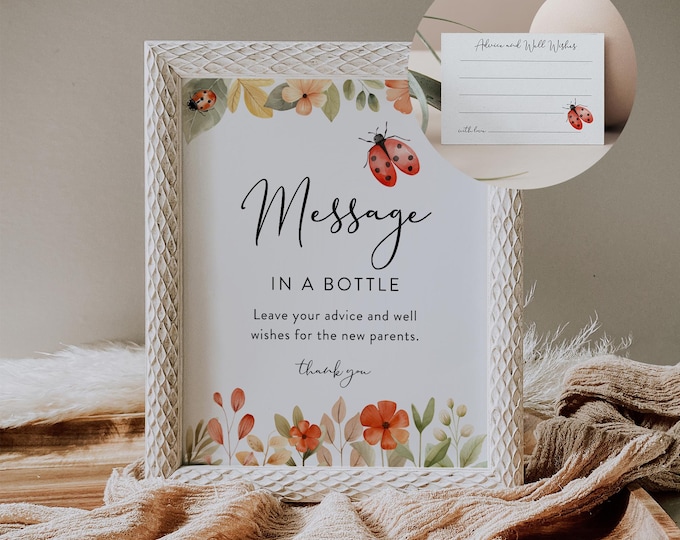 Message in a Bottle Sign, Ladybug Baby Shower, Advice and Well Wishes, 100% Editable Template, Instant Download, Templett  #0069-23BAG