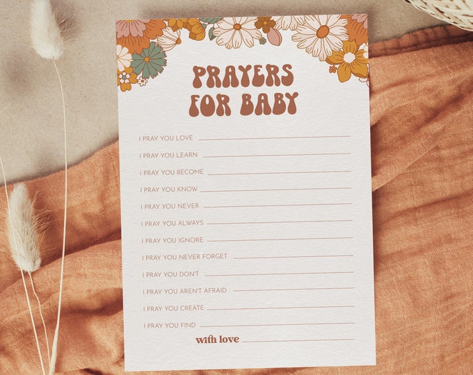 Prayers For Baby Card, Well Wishes for Baby, Groovy Retro Baby Shower, 100% Editable Template, INSTANT DOWNLOAD, Templett, 5x7 #050-343BASG