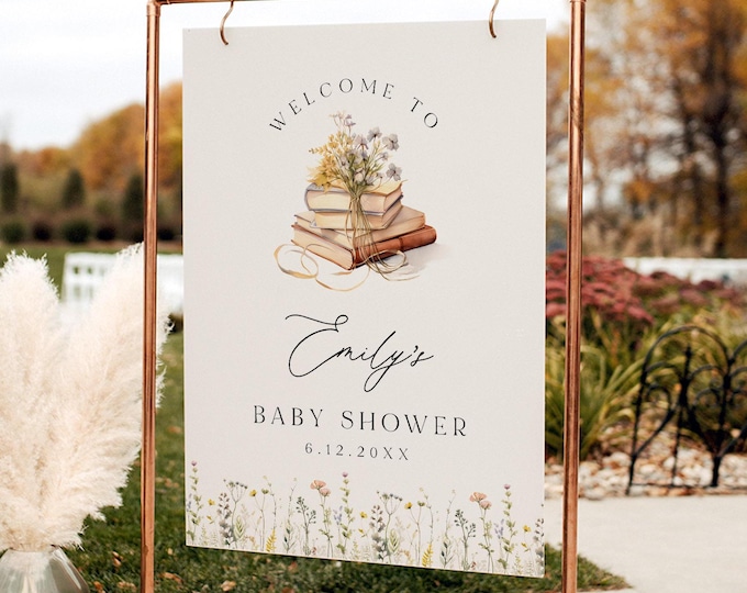 A New Chapter Baby Shower Welcome Sign, Wildflower Book lover, Storybook, Editable Template, Instant Download, 18x24, 24x36 #0066-365LS