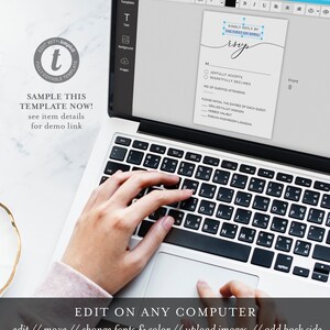 May include: A laptop computer with a white keyboard and a screen displaying a wedding RSVP template. The template has a blue and white color scheme and includes a RSVP card with a handwritten font. The text on the screen reads "Kindly reply by the first of April" and "RSVP".
