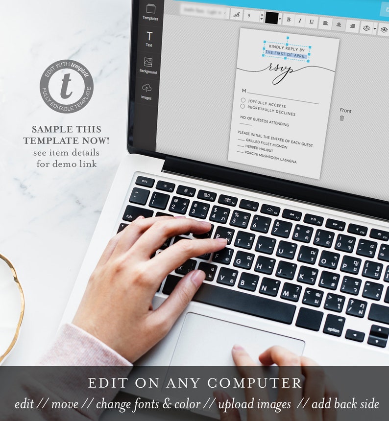 May include: A laptop computer with a white keyboard and a screen displaying a wedding RSVP template. The template has a blue and white color scheme and includes a RSVP card with a handwritten font. The text on the screen reads "Kindly reply by the first of April" and "RSVP".