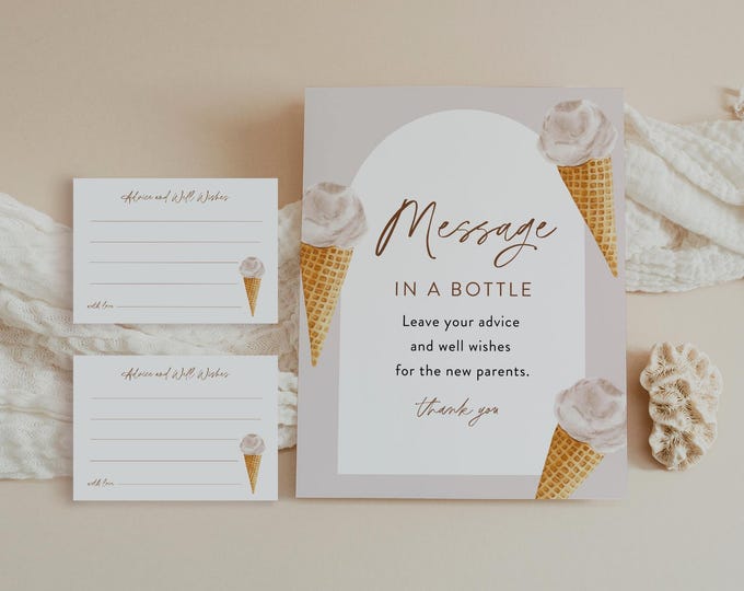 Message in a Bottle Sign, Ice Cream Baby Shower, Advice and Well Wishes, 100% Editable Template, Instant Download, Templett  #0035-23BAG