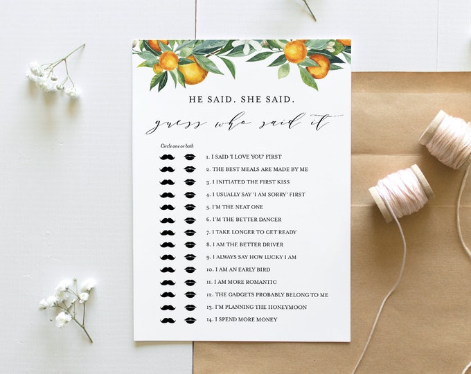 He Said She Said Bridal Shower Game, Guess Who Said It, Summer Citrus Orange Bridal Shower Template, Instant Download, Templett #084-235BG