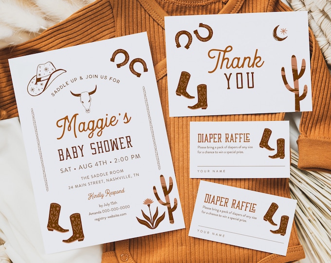 Rodeo Baby Shower Bundle, Western Baby Invitation, Diaper Raffle, Book Request, Time Capsule, Thank You Card, Editable Template #0040