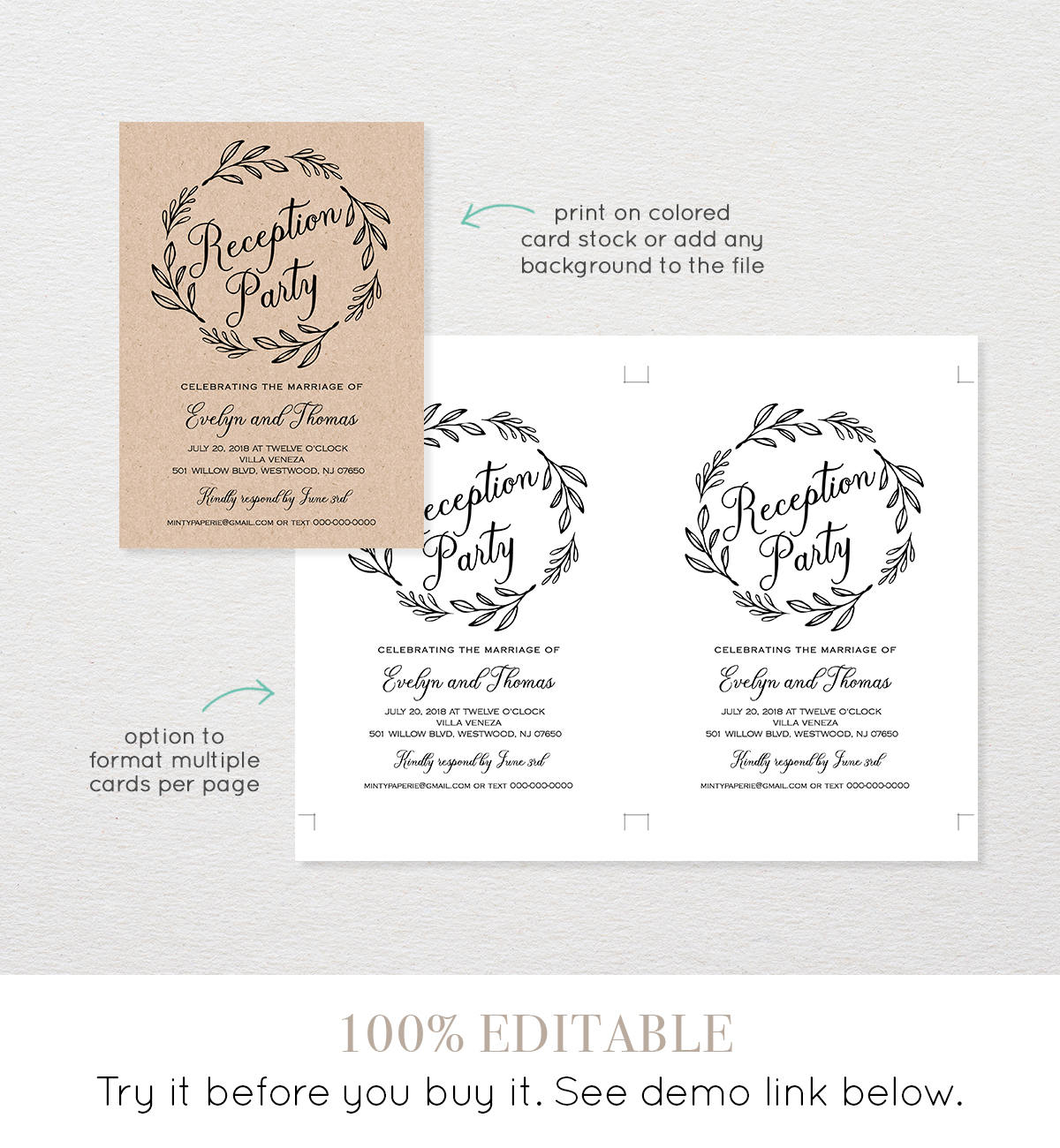 Reception Party Invitation Template, Wedding Reception Printable, 100% ...