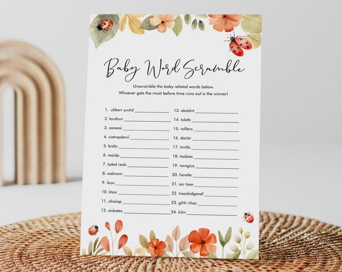 Ladybug Baby Word Scramble Game, Printable Baby Word Puzzle, Love Bug Girl Baby Shower Game, Editable Template, Instant #0069-14BAG