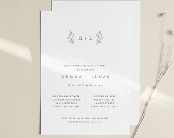 Monogram Rehearsal Dinner Invitation Template, Modern Simple Rehearsal Invite, 100% Editable, Instant Download, Templett, DIY #095B-150RD