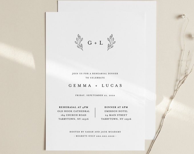 Monogram Rehearsal Dinner Invitation Template, Modern Simple Rehearsal Invite, 100% Editable, Instant Download, Templett, DIY #095B-150RD