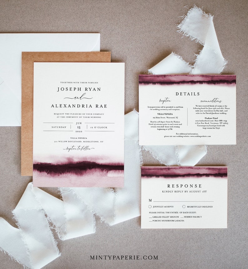 Burgundy Watercolor Wedding Invitation Set, Wine, Vineyard Theme, Modern, Minimalist, Editable Template, Instant Download, Templett 093B image 1