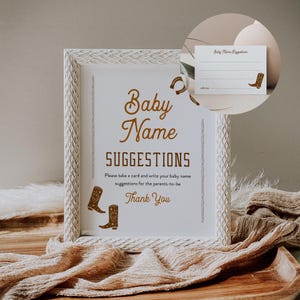 Western Babynamen Ideen, Babynamenvorschläge, Schild und Ticket, druckbare Rodeo Cowboy Babyparty, bearbeitbare Vorlage #0040-26BAG