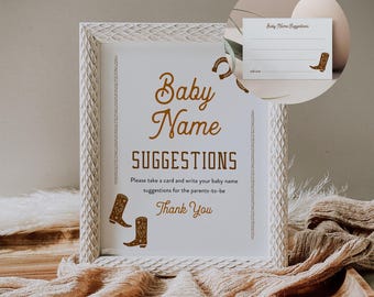 Western Baby Name Ideas, Baby Name Suggestions, Sign and Ticket, Printable Rodeo Cowboy Baby Shower, Editable Template #0040-26BAG