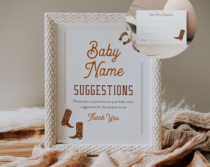 Western Baby Name Ideas, Baby Name Suggestions, Sign and Ticket, Printable Rodeo Cowboy Baby Shower, Editable Template #0040-26BAG