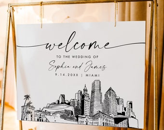 Miami Welcome Sign, Florida Cityscape Skyline Wedding Sign, Printable Instant Download, Editable Template, Templett, 18x24, 24x36 0047-353LS