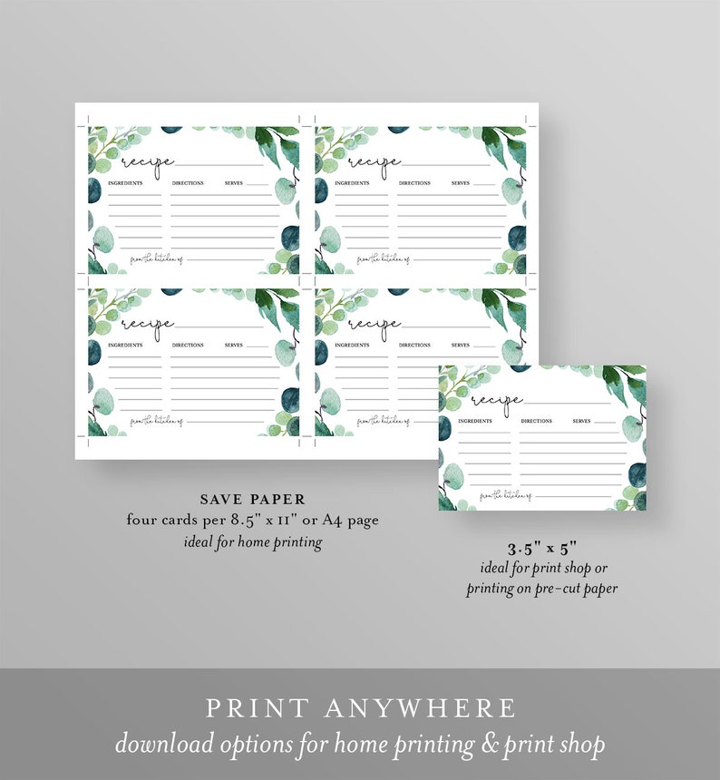 Recipe Card Printable, Bridal Shower Recipe Insert, Boho Garden Greenery, Instant Download, Editable Template, Templett, 5x3.5 068B-105RC image 3