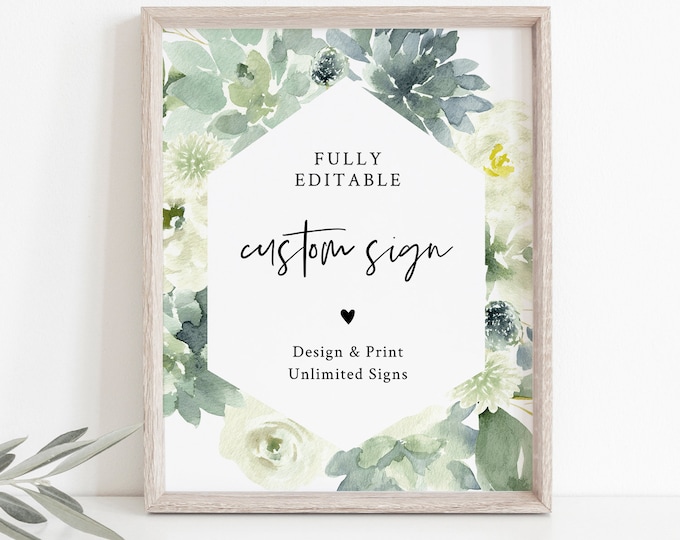 Custom Sign Template, Bridal Shower Sign, Succulent Greenery Wedding, Create Any Sign Unlimited Times, INSTANT DOWNLOAD, Templett #075-130CS