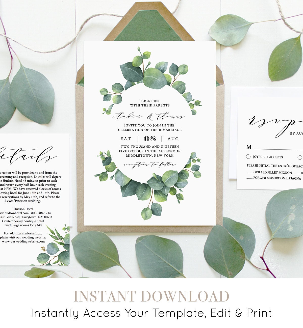 Wedding Invitation Set, INSTANT DOWNLOAD, Greenery, Eucalyptus, Boho ...