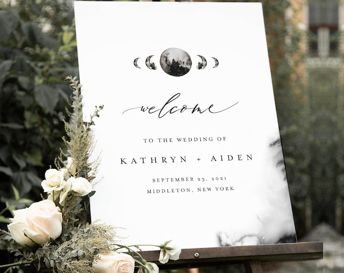 Celestial Moon Wedding Welcome Sign, Printable Minimalist Wedding or Bridal Shower Sign Template, Instant Download, Templett #0003-220LS