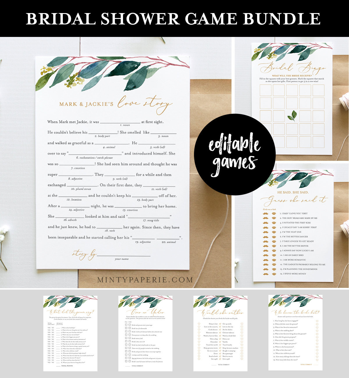 Bridal Shower Game Bundle, Winter Greenery, Editable Games, Customize ...