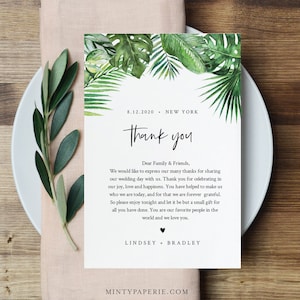 Carta de agradecimiento de Monstera, Nota de servilleta, Menú de boda tropical imprimible Gracias, Plantilla editable, DESCARGA INSTANTE, Templett #083-132TYN
