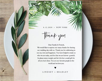 Monstera Thank You Letter, Napkin Note, Printable Tropical Wedding Menu Thank You, Editable Template, INSTANT DOWNLOAD, Templett #083-132TYN