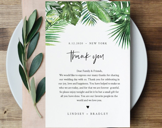 Monstera Thank You Letter, Napkin Note, Printable Tropical Wedding Menu Thank You, Editable Template, INSTANT DOWNLOAD, Templett #083-132TYN