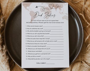Adventure Funny Dad Jokes Game, Travel Them Baby Shower, Riddle, Trivia, World Map, Editable Template, Instant, Templett 5x7 #0039-03BAG