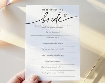 Here Comes the Bride Game, Minimalist Bridal Shower Game, Guess What the Groom Answered, Editable Template, Templett #0032-39BRG