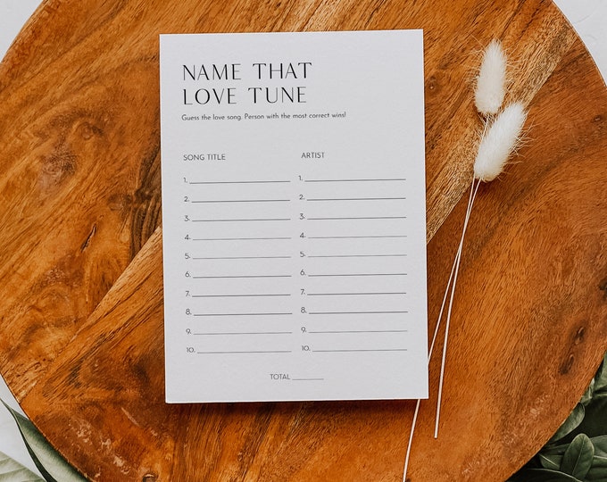 Name That Tune Bridal Shower Game, Printable Minimalist Love Songs Game, Instant Download, Editable Template, Templett #0026B-34BRG