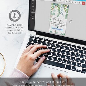 May include: A laptop computer with a screen showing a thank you card template with a watercolor floral design. The text on the card reads "Thank you. We thank you for your continuous love and support and for spending this special day with us. Eloise & David."